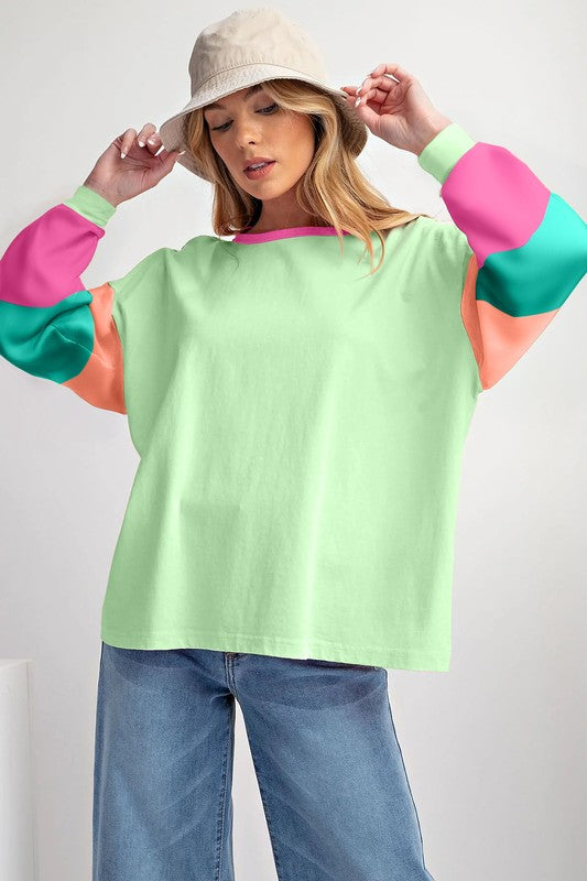 Women Colorblock Patchwork Long Sleeve Loose Top (4 colors available)