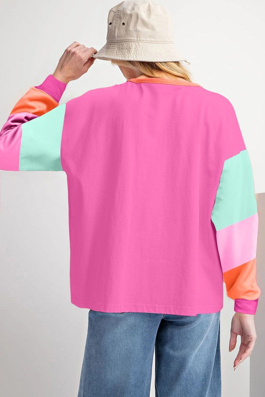 Women Colorblock Patchwork Long Sleeve Loose Top (4 colors available)