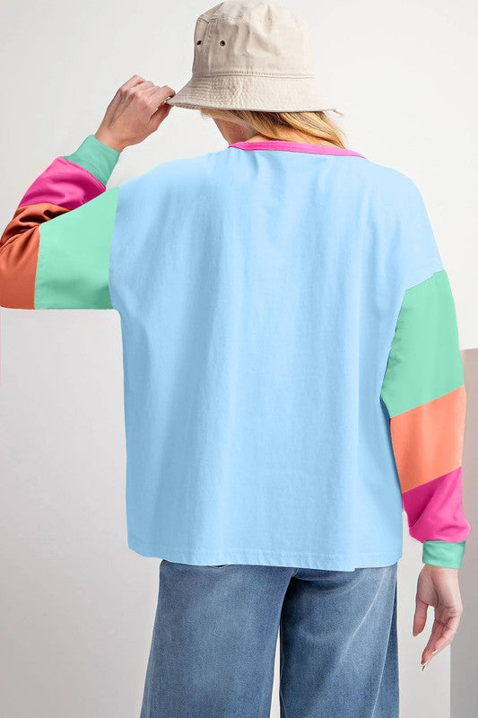 Women Colorblock Patchwork Long Sleeve Loose Top (4 colors available)