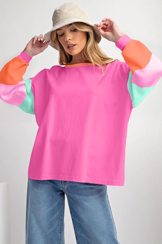 Women Colorblock Patchwork Long Sleeve Loose Top (4 colors available)