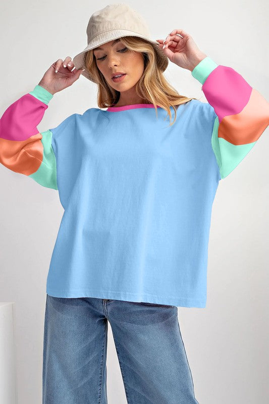 Women Colorblock Patchwork Long Sleeve Loose Top (4 colors available)