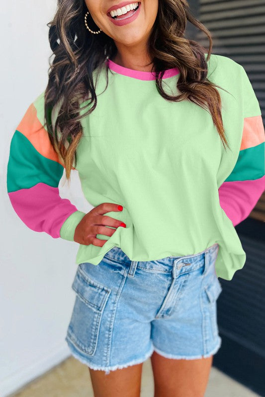 Women Colorblock Patchwork Long Sleeve Loose Top (4 colors available)