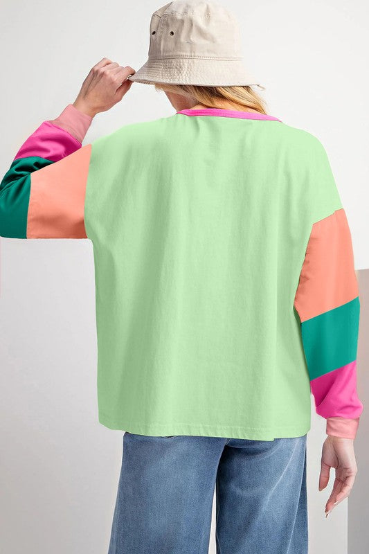 Women Colorblock Patchwork Long Sleeve Loose Top (4 colors available)