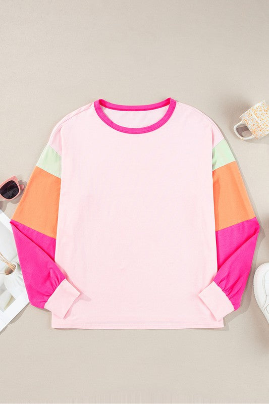 Women Colorblock Patchwork Long Sleeve Loose Top (4 colors available)