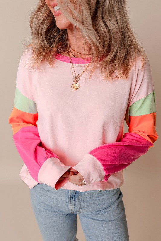 Women Colorblock Patchwork Long Sleeve Loose Top (4 colors available)