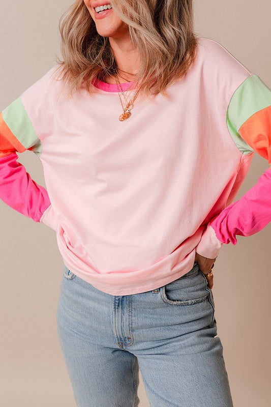 Women Colorblock Patchwork Long Sleeve Loose Top (4 colors available)