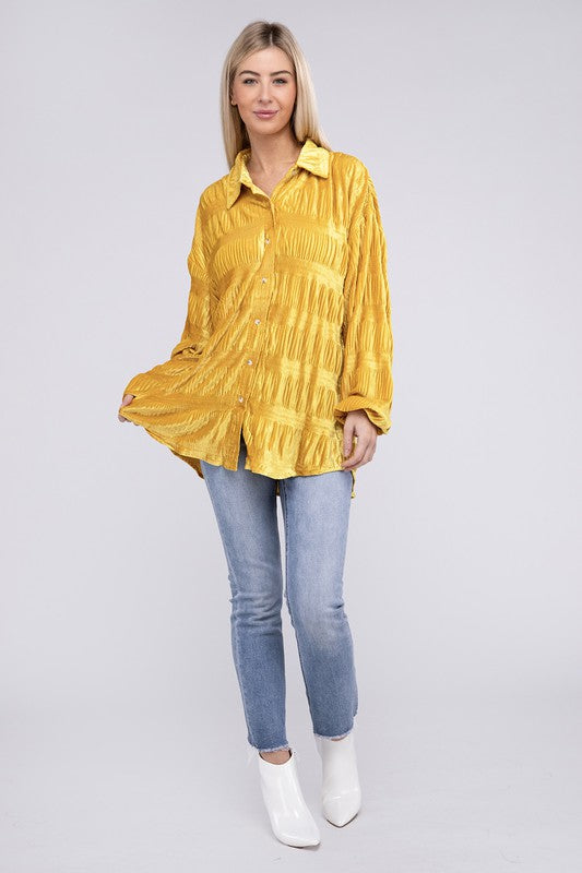 Wrinkle Effect Tiered Shirring Velvet Shirt (3 colors available)