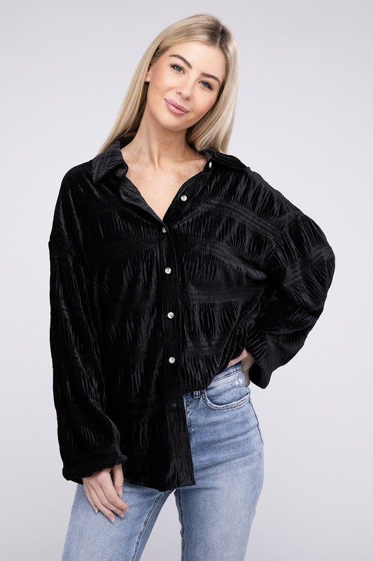 Wrinkle Effect Tiered Shirring Velvet Shirt (3 colors available)