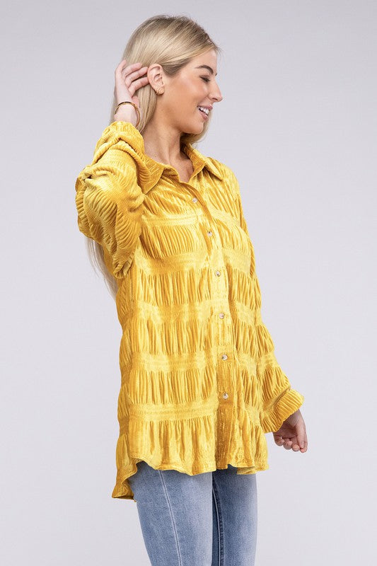 Wrinkle Effect Tiered Shirring Velvet Shirt (3 colors available)