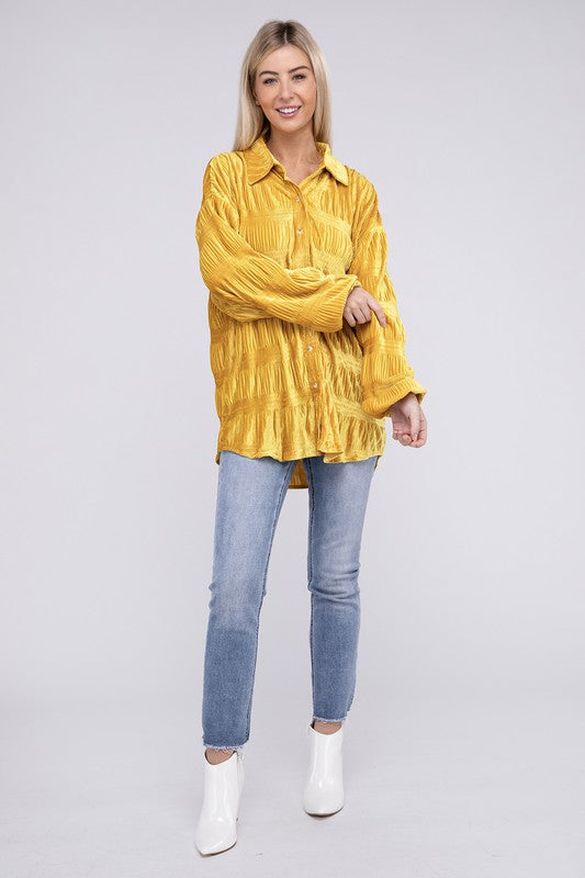 Wrinkle Effect Tiered Shirring Velvet Shirt (3 colors available)