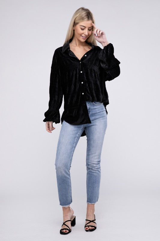 Wrinkle Effect Tiered Shirring Velvet Shirt (3 colors available)