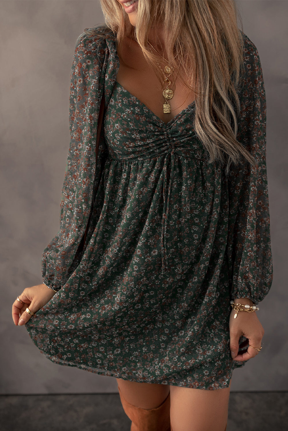 Green Floral Print Sweetheart Neck Shirred Back Mini Dress