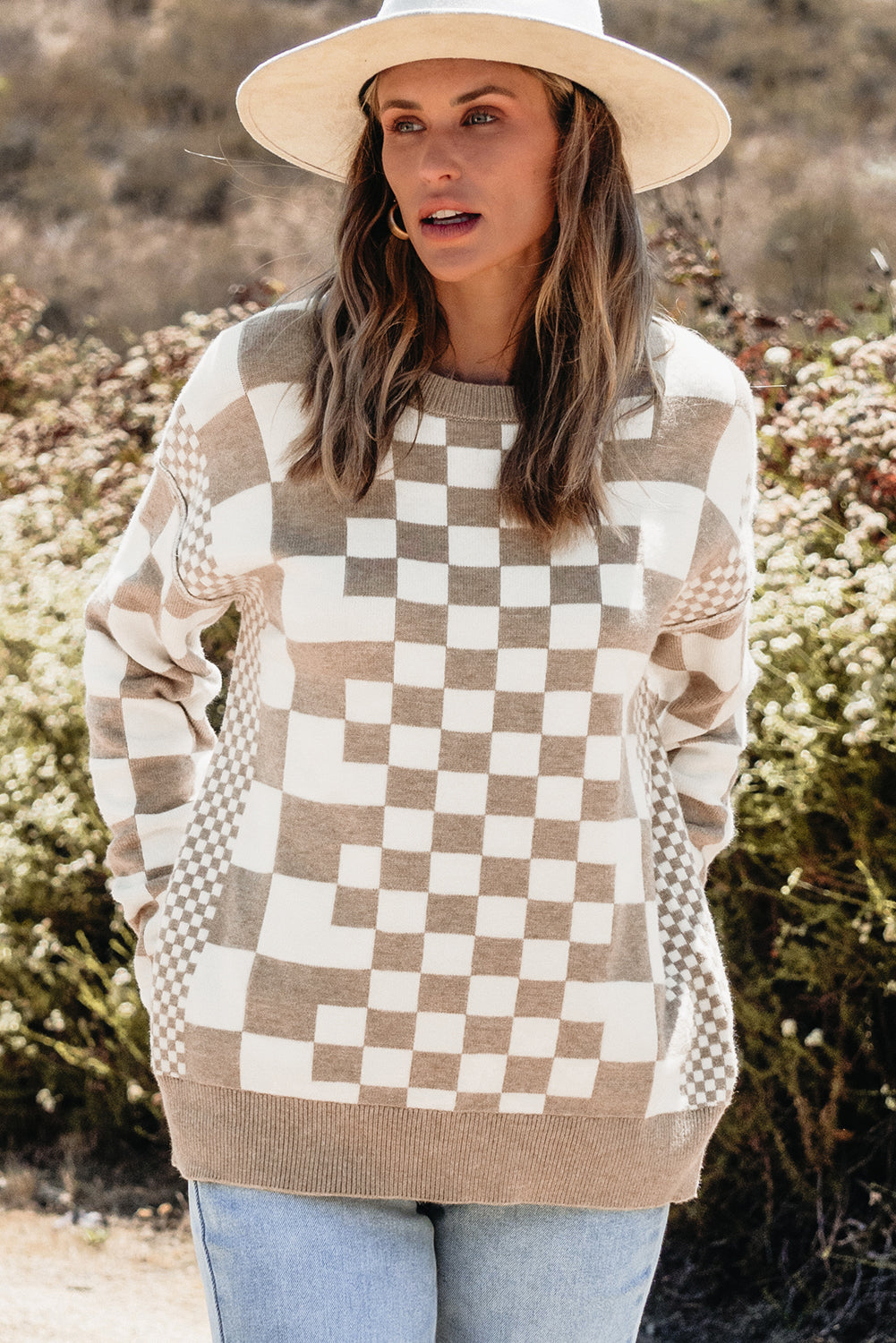 Khaki Checkered Print Drop Shoulder Round Neck Sweater