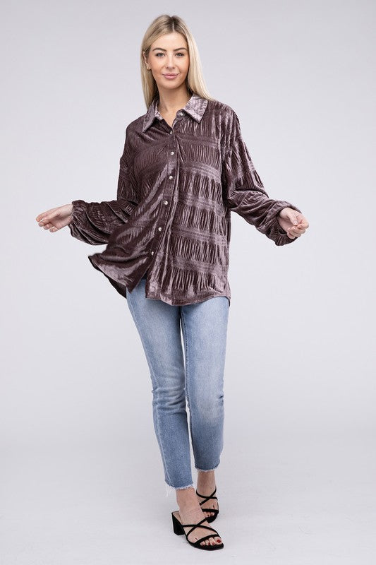 Wrinkle Effect Tiered Shirring Velvet Shirt (3 colors available)