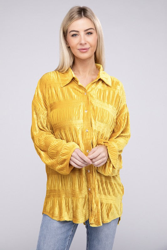 Wrinkle Effect Tiered Shirring Velvet Shirt (3 colors available)