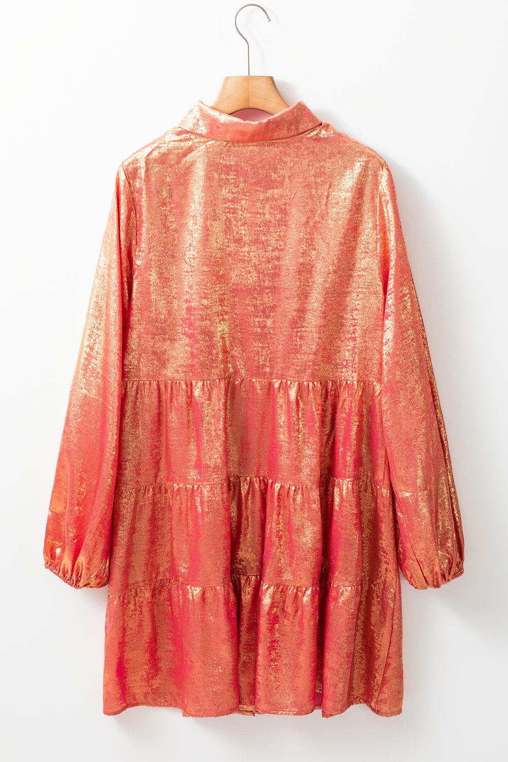 Peach Blossom Metallic Sheen Puff Sleeve Button Up Mini Shirt Dress